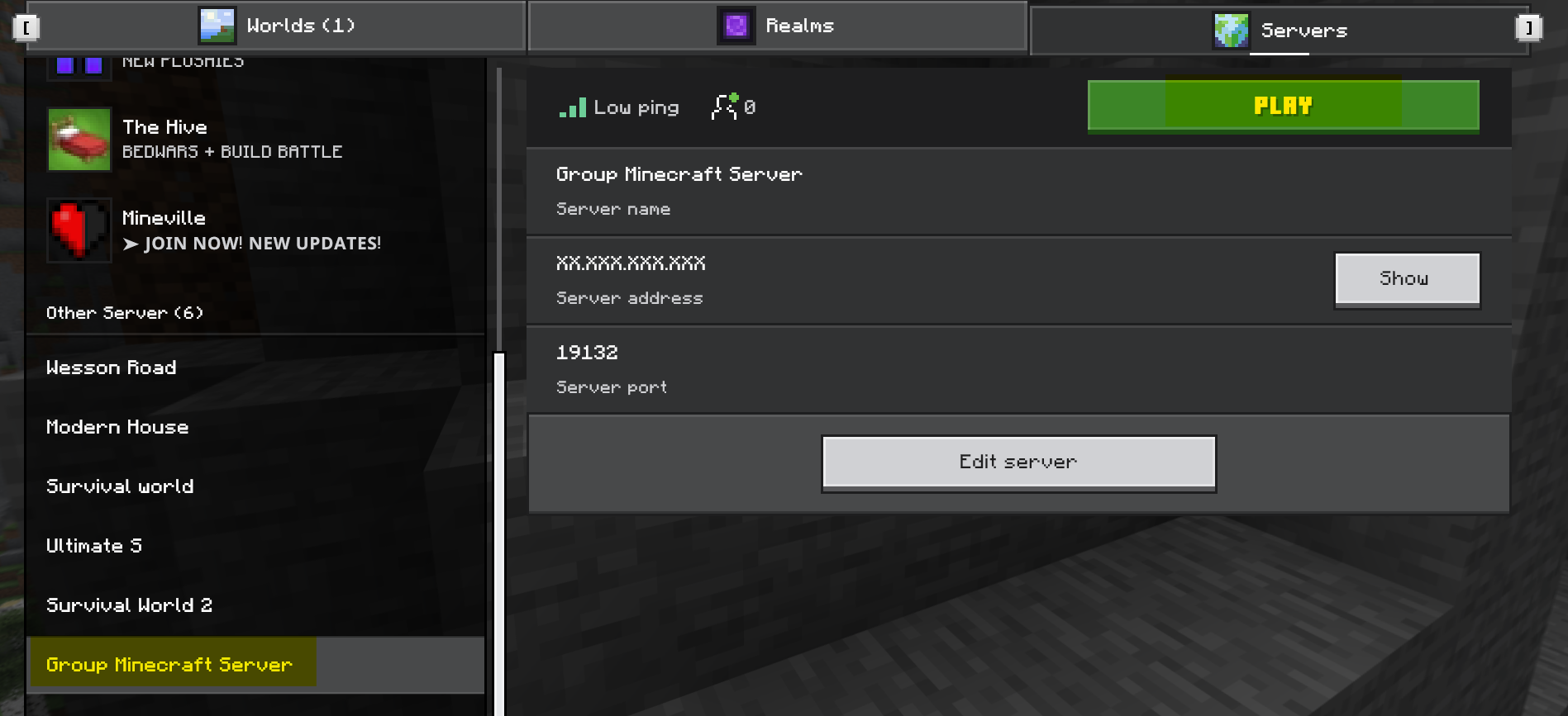Saved Group Minecraft Server selected in Minecraft